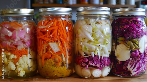 Fermenting process of vegetabler like red onion and carrot photo