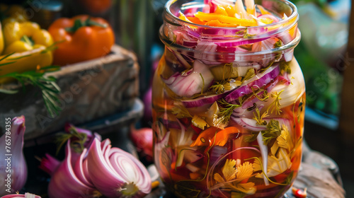 Mixed colorful vegetables onion cabage ready for fermenting process to preserving in a traditional way photo