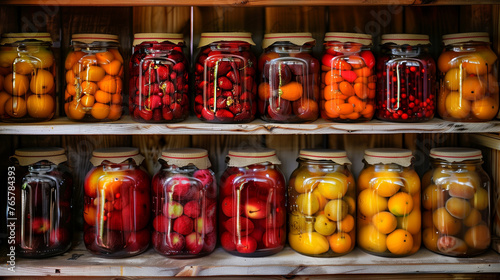 Preserved fruits for winter in jar in a traditional pantrie shelf