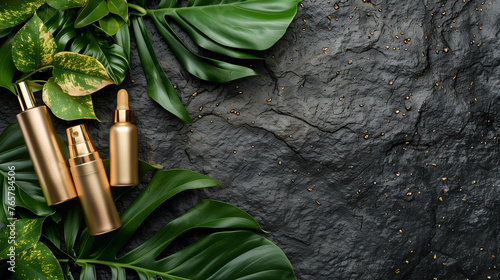 golden cosmetic bottles with green leaves on black stone background. Luxory Skincare products  photo