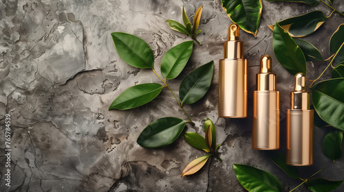 golden cosmetic bottles with green leaves on stone background. Luxory Skincare products 