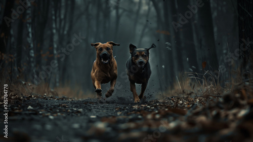 scary wild dogs at the dark forest running after you and ready to attac  photo