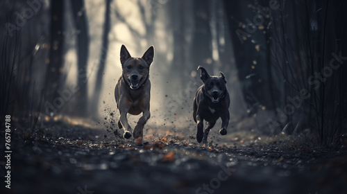 scary wild dogs at the dark forest running after you and ready to attac  photo
