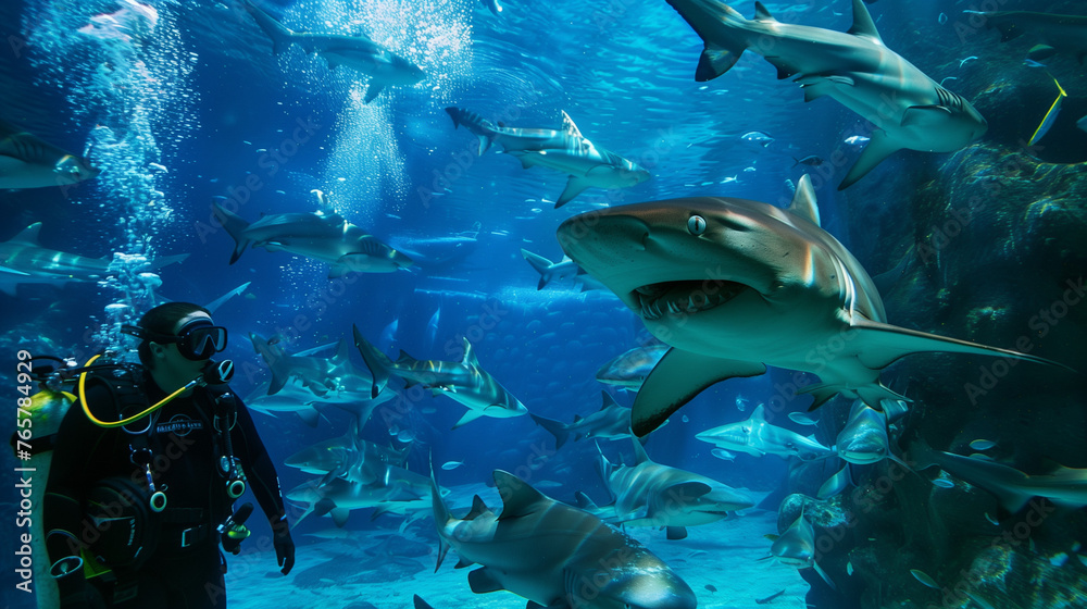 Scuba diver with sharks arround