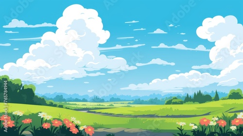 Grass Field landscape with blue sky and white cloud. Blue sky clouds sunny day wallpaper. Cartoon illustration of a Grass Field with blue sky in Summer. green field in a day. 