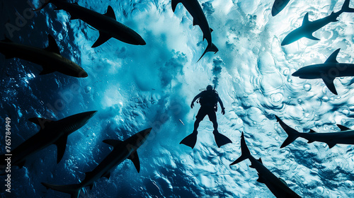 Scuba diver with sharks arround photo