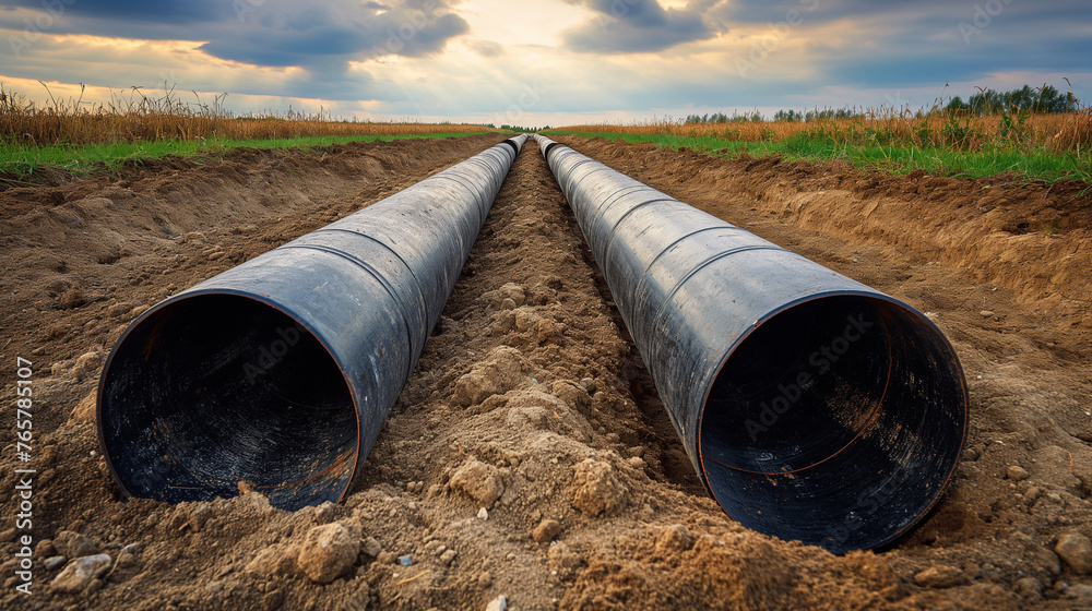 A detailed view of a pipe partially buried in the dirt. This image can be used to depict construction, plumbing, or infrastructure projects
