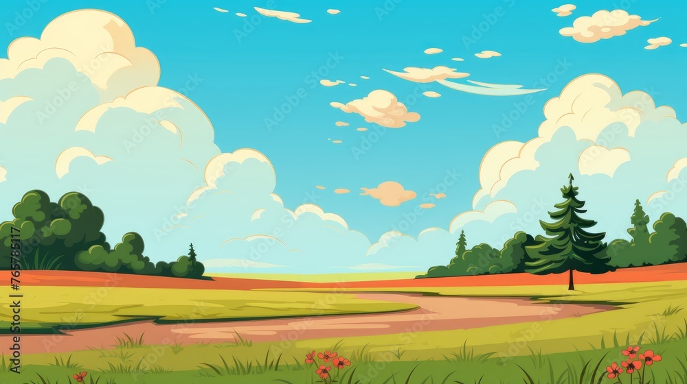 Grass Field landscape with blue sky and white cloud. Blue sky clouds sunny day wallpaper. Cartoon illustration of a Grass Field with blue sky in Summer. green field in a day. Grass Field landscape with blue sky and white cloud. Blue sky clouds sunny day wallpaper. Cartoon illustration of a Grass Field with blue sky in Summer. green field in a day.