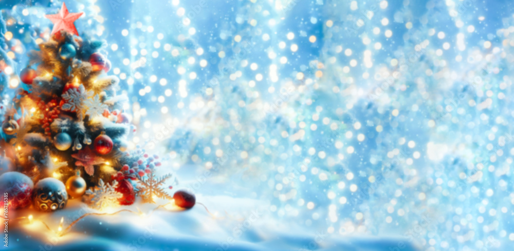 Fototapeta premium Christmas background, garland lights toys snowflakes snow glare night
