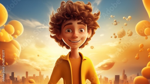 Generate an image featuring a boy with curly hair and a yellow shirt, rendered in the style of Cinema4D.  photo