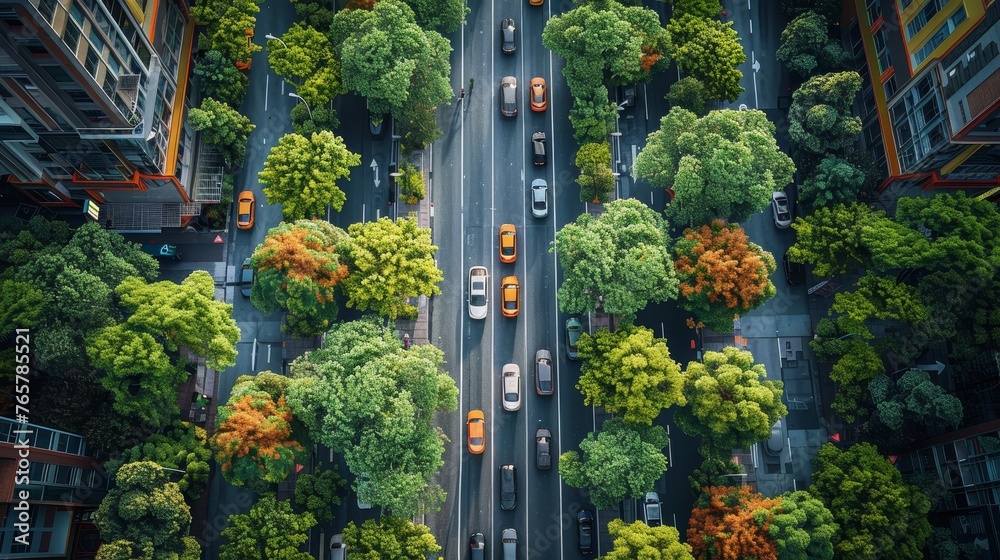 An aerial view of a smart city with eco-friendly transportation options such as electric cars and bike lanes - obrazy, fototapety, plakaty 