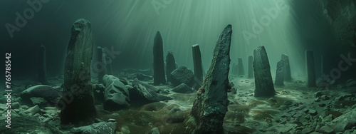 Ancient Sunken Pillars and Rocks Under the Sea with Light Streaming Down