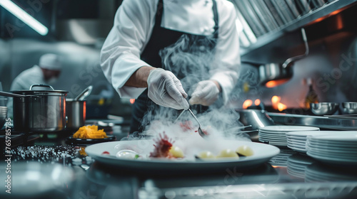 Meticulous Culinary Artistry. A focused chef garnishing a gourmet dish in a bustling professional kitchen. Molecular cooking while surrounded by steam