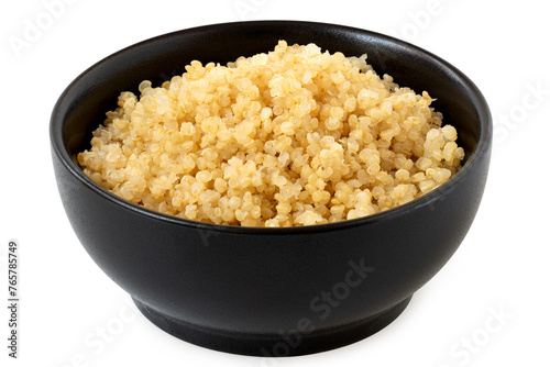 Cooked white quinoa in a black ceramic bowl isolated on white.