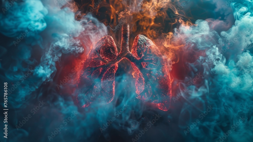 An artistic representation of lungs surrounded by dark smoke, symbolizing air pollution caused by smoking and its impact on respirators - obrazy, fototapety, plakaty 