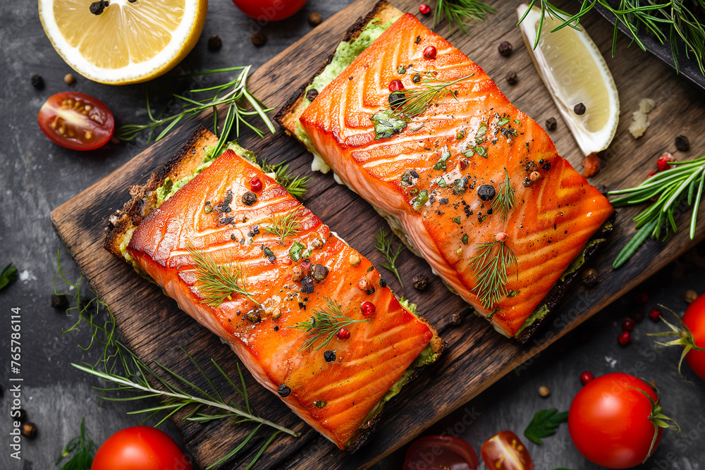tasty and healthy baked salmon on bread, top view, seafood meal with