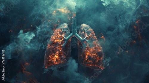An artistic representation of lungs surrounded by dark smoke, symbolizing air pollution caused by smoking and its impact on respirators photo
