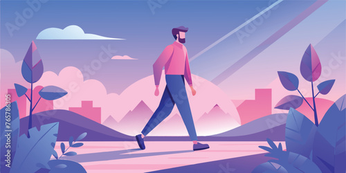 Urban Stroll - A Man Walking in a Vibrant Cityscape Vector Illustration © Takshkumar