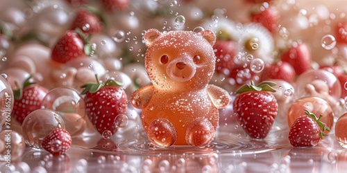 A whimsical 3D scene of rainbow-colored gummy bears cheerfully floating and dancing in a bright, candy-filled wonderland photo