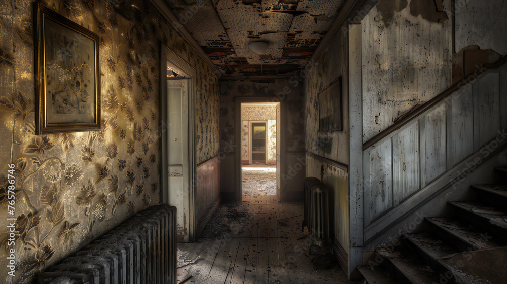 old shabby hallway in an abandoned farmhouse