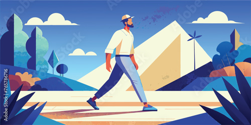 Urban Stroll - A Man Walking in a Vibrant Cityscape Vector Illustration
