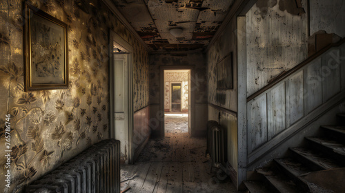 old shabby hallway in an abandoned farmhouse