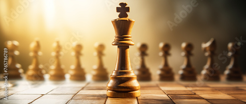 A chess piece in the shape of a king stands out against a blurred background of a wooden board with a checkered pattern