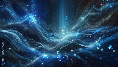 visually captivating scene that represents a flow of energy in space, with dynamic blue light waves interwoven with sparkling particles