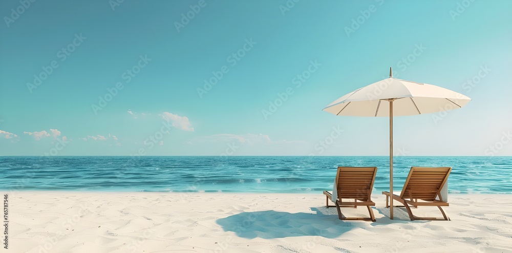 Two beach chairs and an umbrella on a white sand beach with a blue sea and sky. Banner with copy space for text.