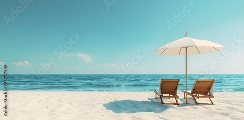 Two beach chairs and an umbrella on a white sand beach with a blue sea and sky. Banner with copy space for text.