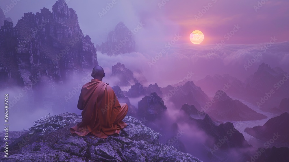 
buddhist monk meditating on top of mountain beautiful background - obrazy, fototapety, plakaty 