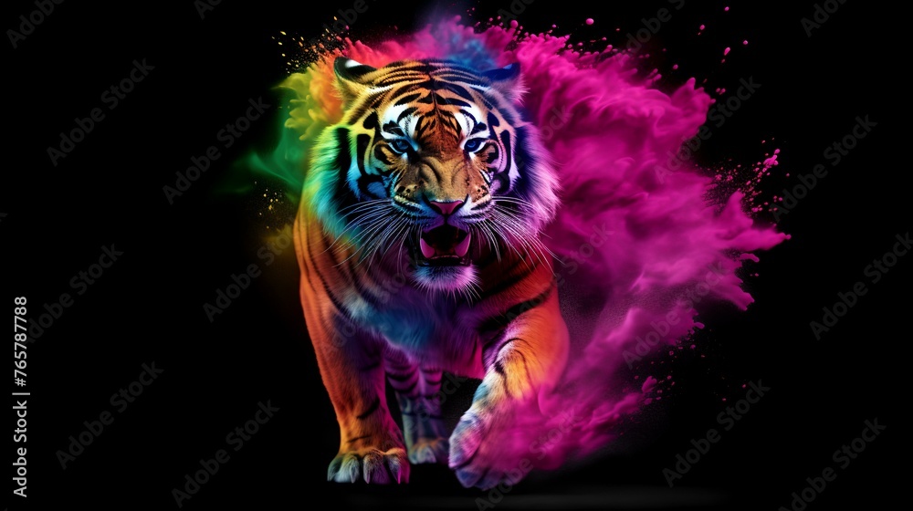 Portrait of a tiger with colorful smoke on a black background.