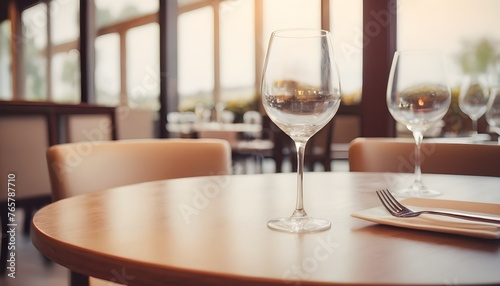 Empty wine glass on dining table in restaurant photo