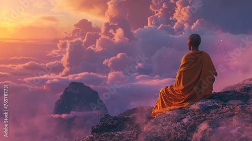  buddhist monk meditating on top of mountain beautiful background