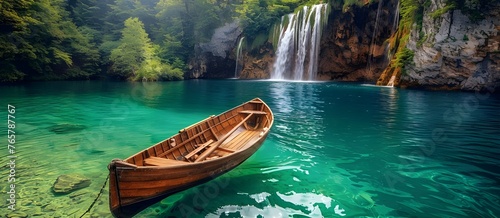 Scenic morning lake and mountains background. Wooden boat in the turquoise water of the lake and water fall.