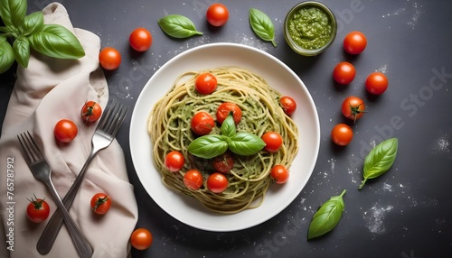 pasta spaghetti with basil pesto and cherry tomatoes