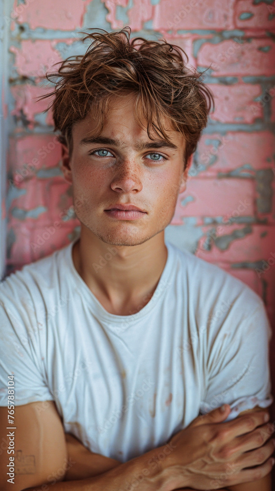 Portrait of Caucasian attractive man against background of pink brick wall Portrait of Caucasian attractive man against background of pink brick wall
