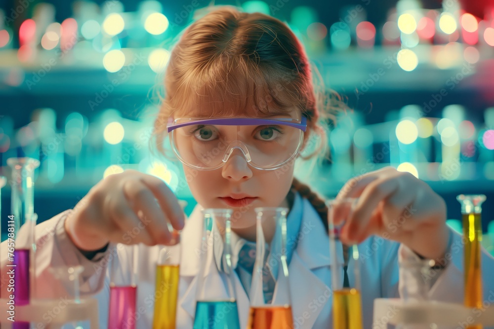 Young child chemist, in white lab coat and protective chemistry goggles, conducts scientific experiments. Surrounded by glassware and equipment, test tubes and flasks Young child chemist, in white lab coat and protective chemistry goggles, conducts scientific experiments. Surrounded by glassware and equipment, test tubes and flasks