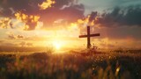 Glorious Cross at sunset in a field, Ascension day concept, Christian Easter, Faith in Jesus Christ