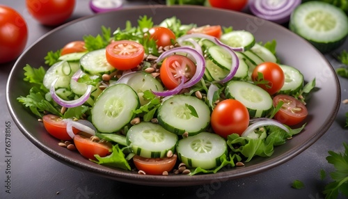 Vegetable salad with cucumber, tomato, onion, green salad