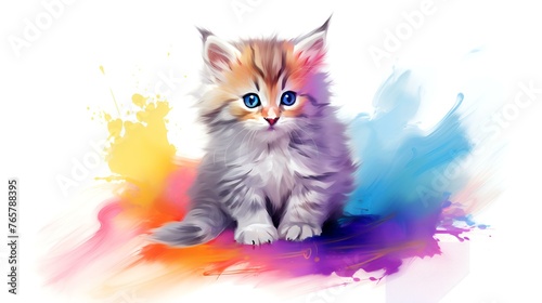 Cute kitten with colorful splashes on white background. Vector illustration.