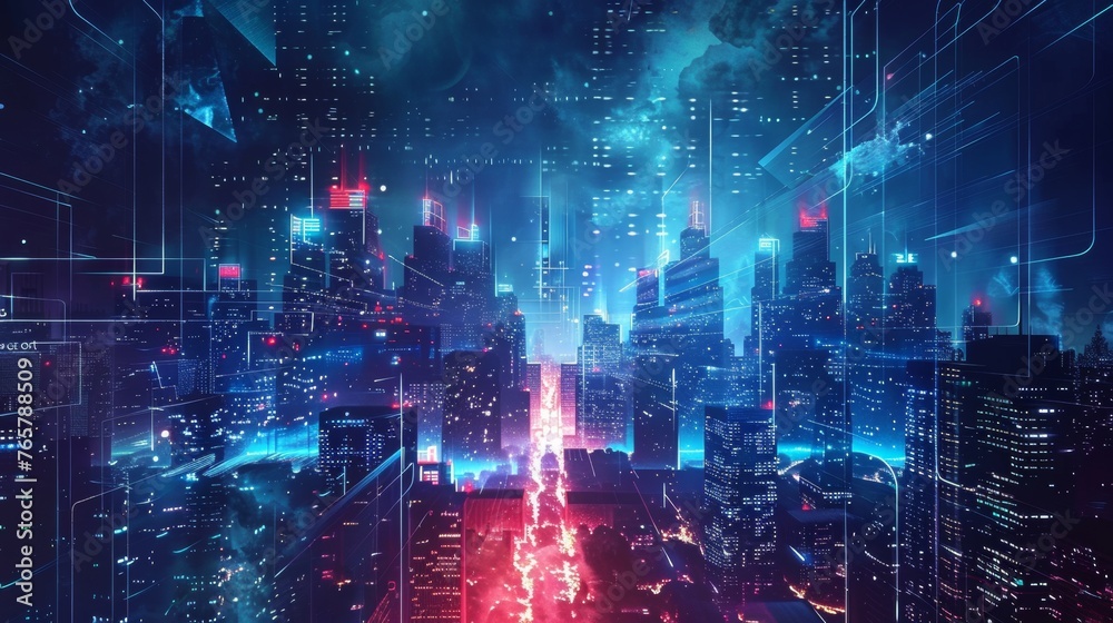 Fototapeta premium cityscape with space and neon light effect. Modern hi-tech, science, futuristic technology concept. Abstract digital high tech city design for banner background