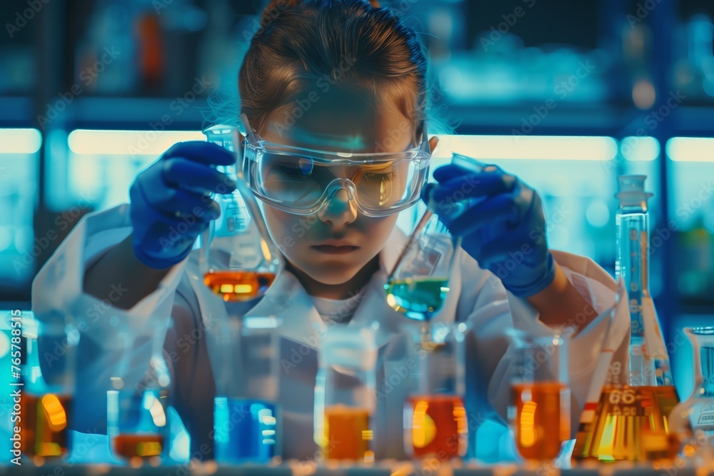 Young child chemist, in white lab coat and protective chemistry goggles, conducts scientific experiments. Surrounded by glassware and equipment, test tubes and flasks Young child chemist, in white lab coat and protective chemistry goggles, conducts scientific experiments. Surrounded by glassware and equipment, test tubes and flasks