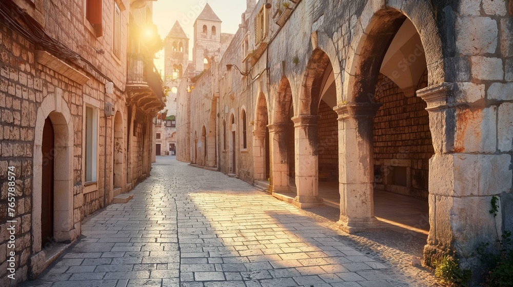 Old European City Alley at Sunset with Cobblestone Streets and Historic Architecture Old European City Alley at Sunset with Cobblestone Streets and Historic Architecture