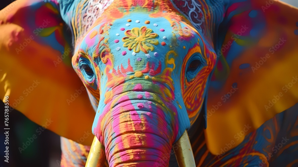 Close up of the face of an elephant in the festival of colors.