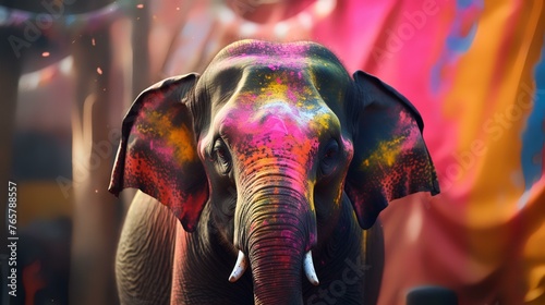 Elephant head and colorful paint splashes on the skin as a background