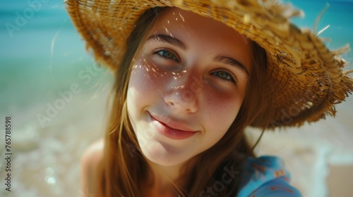 closeup shot of a good looking female tourist. Enjoy free time outdoors near the sea on the beach. Looking at the camera while relaxing on a clear day Poses for travel selfies smiling happy tropical #765788598