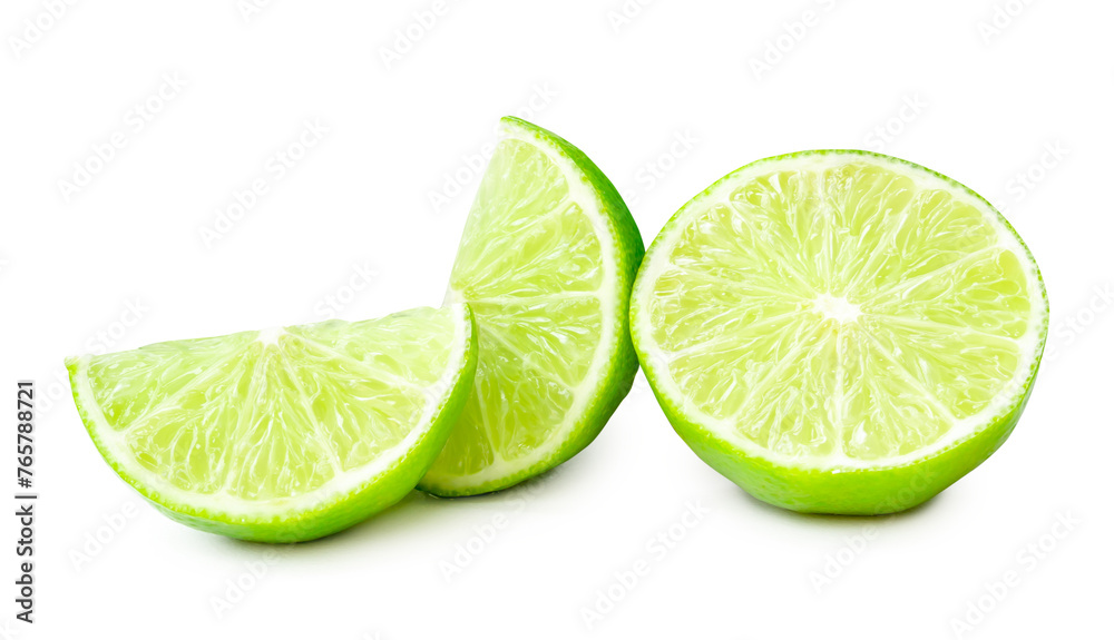 Front view of fresh green lemon half with slices or quarters isolated on white background with clipping path