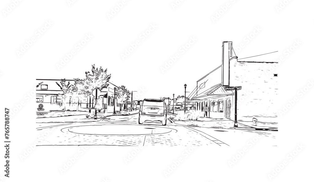 Print Building view with landmark of Springdale is the most populous city in United States. Hand drawn sketch illustration in vector.