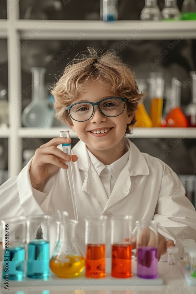 Young child chemist, in white lab coat and protective chemistry goggles, conducts scientific experiments. Surrounded by glassware and equipment, test tubes and flasks Young child chemist, in white lab coat and protective chemistry goggles, conducts scientific experiments. Surrounded by glassware and equipment, test tubes and flasks